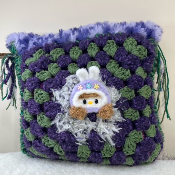 Handcrafted Green and Purple Crochet Bag - Picture 1 of 12